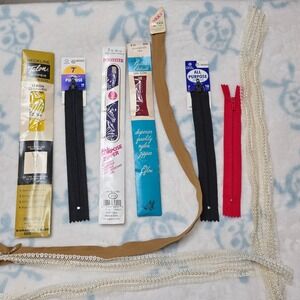 Vintage Zipper Lot Talon Belding Corticelli Coats & Clark Pearl Lace Trim 7pc